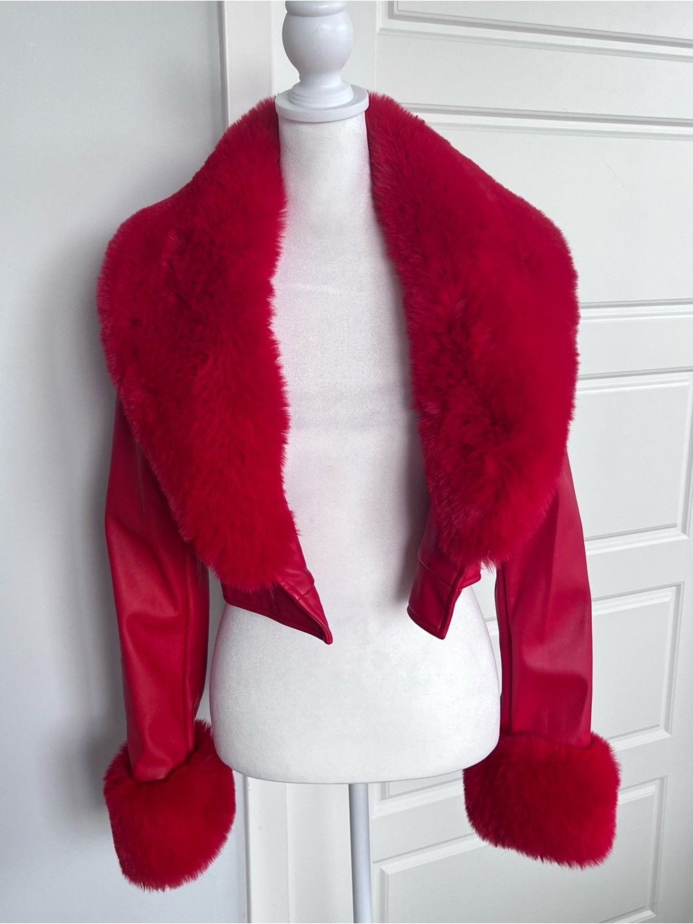 Azalea Wang Red Faux Fur-Trim Cropped Leather Jacket - Women